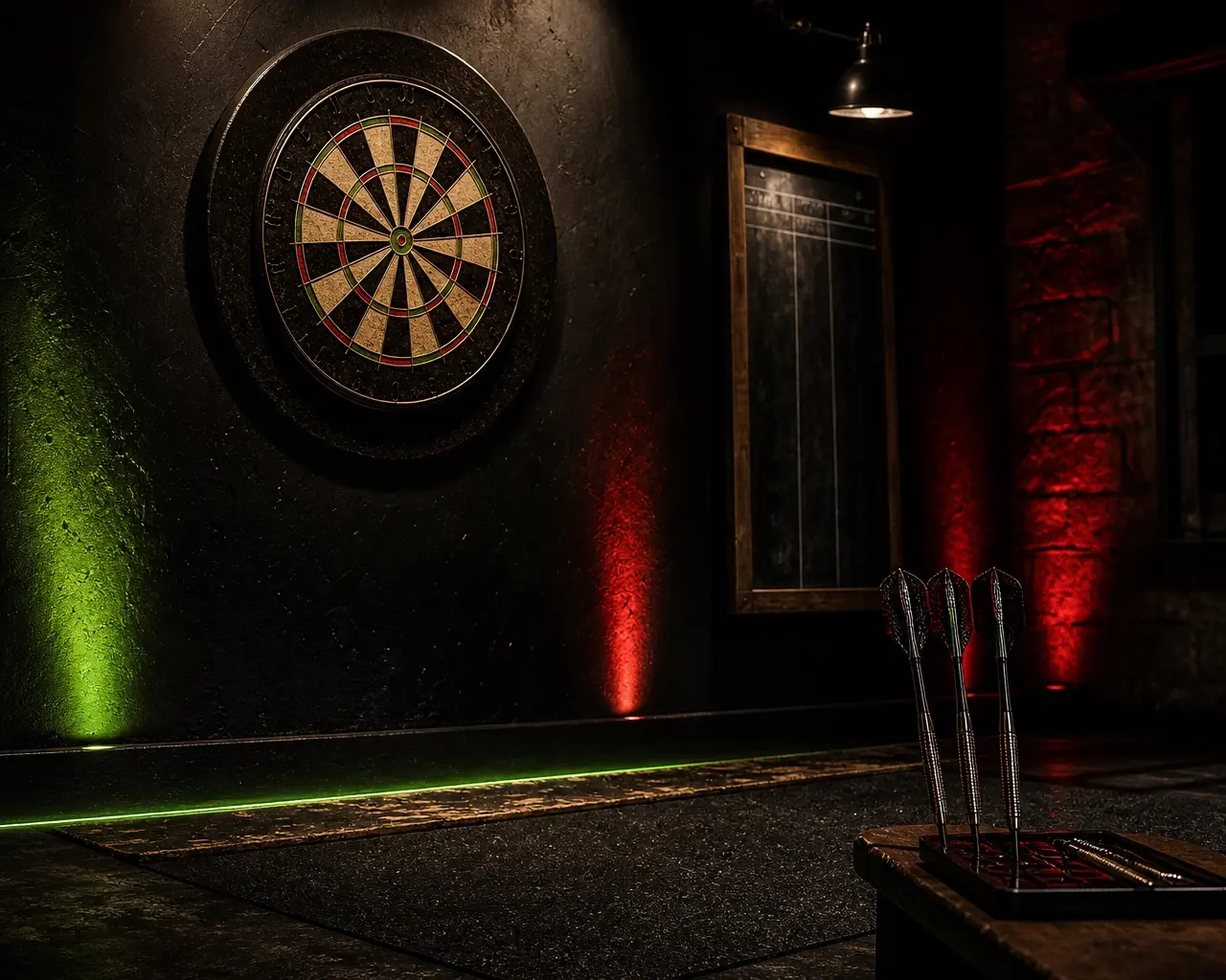 A moody darts club setup with dartboard, throw line and premium darts